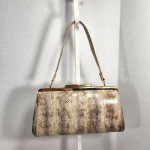 Vtg Python snake reptile skin hard frame Shoulder purse Cream Tan